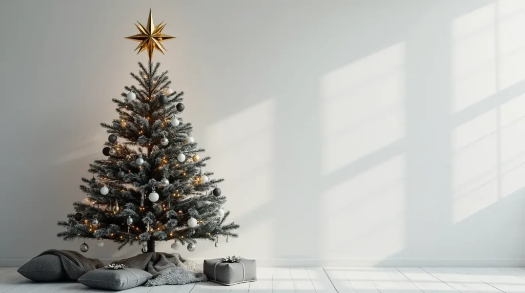 A sparkling Christmas tree topper in the shape of a star, glowing warmly atop a beautifully decorated tree with ornaments and twinkling lights in a festive setting.